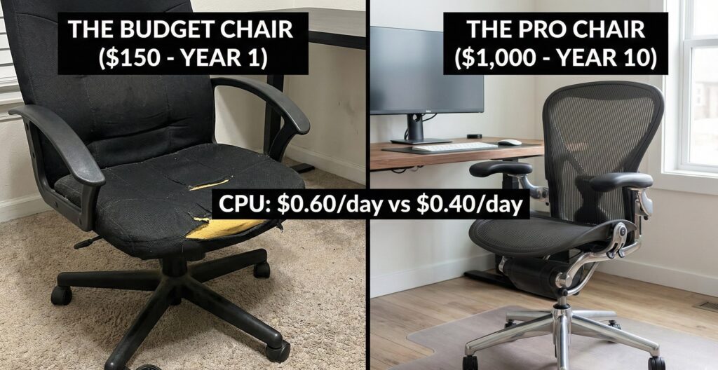 A split-screen comparison showing a broken cheap office chair after one year versus a pristine high-end ergonomic chair after ten years, with Cost Per Use data overlaid.
