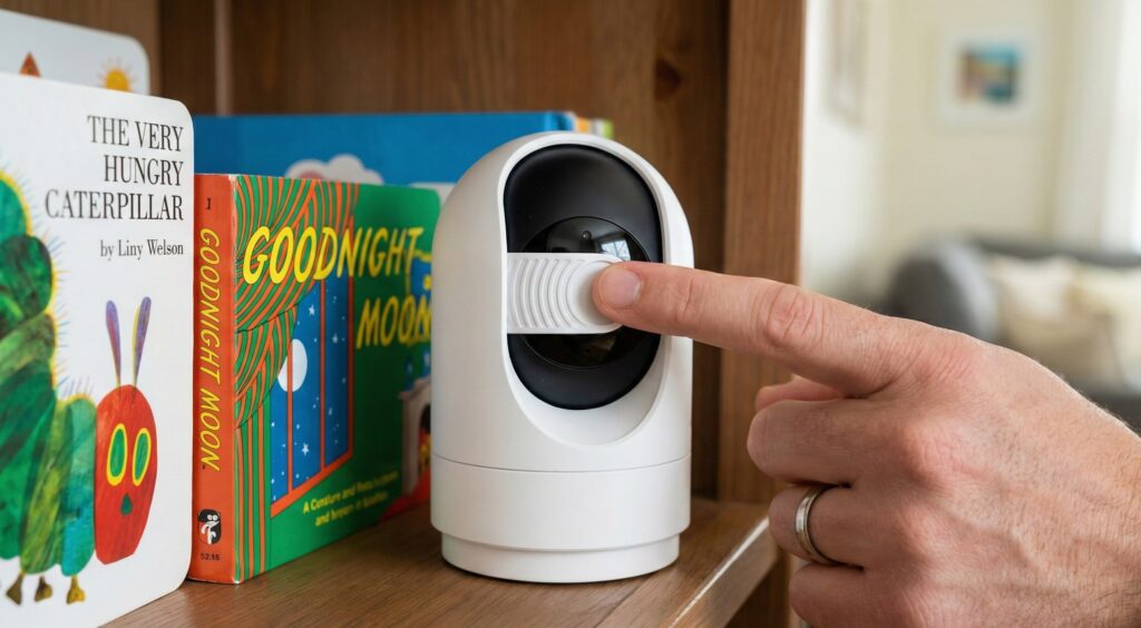 A close-up of a hand closing the physical privacy shutter on an indoor smart security camera located on a bookshelf.