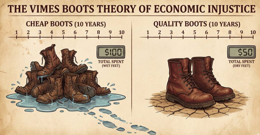 An infographic illustration showing that buying ten pairs of cheap boots over ten years costs more and results in wet feet, compared to buying one pair of expensive boots that lasts ten years and keeps feet dry.
