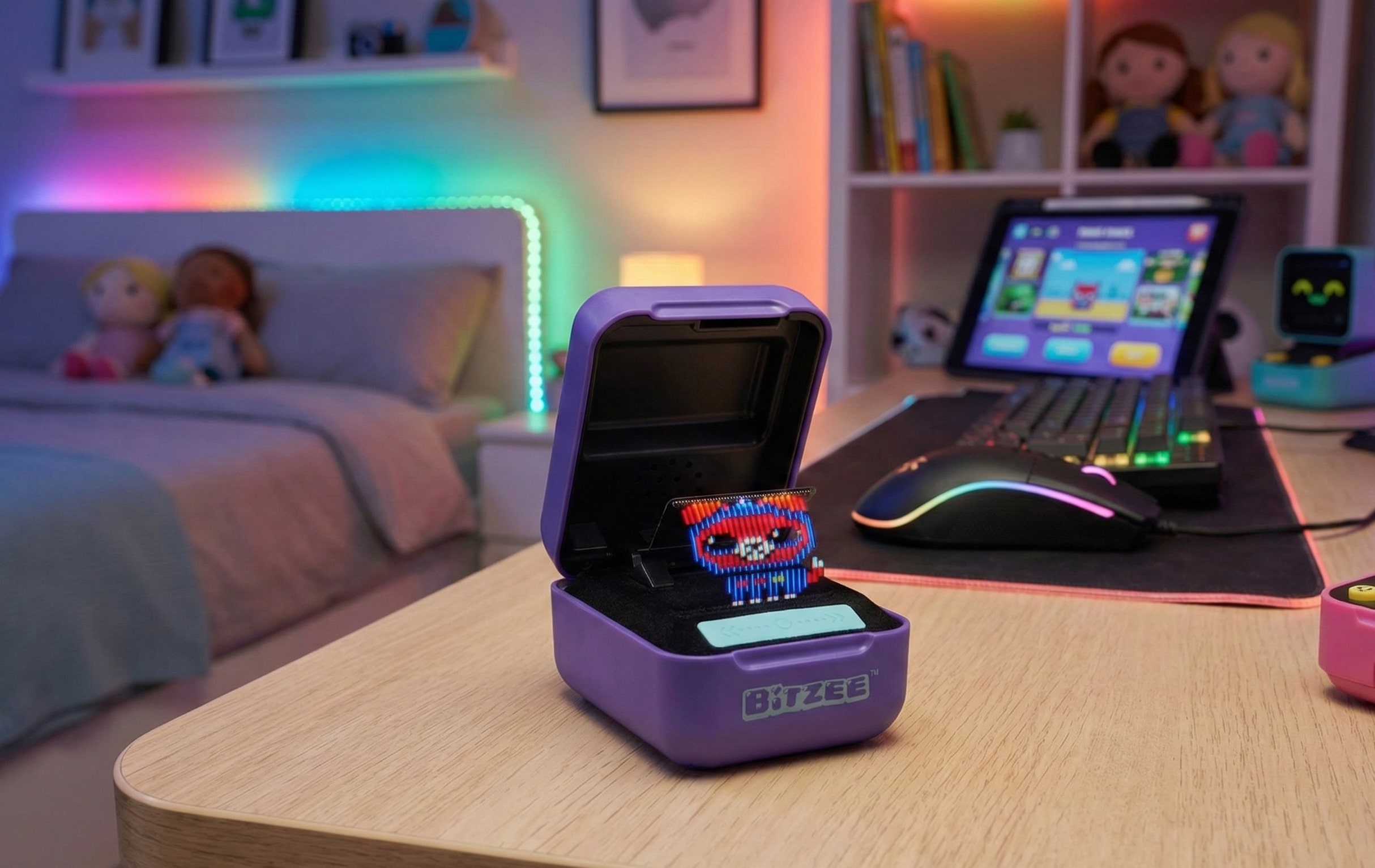 An open purple Bitzee Digital Pet pod displaying a vibrant, pixelated red cat character on a flexible screen that reacts to physical touch and interaction.