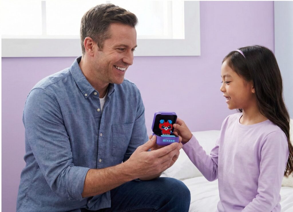 A 40-year-old American father gifting a Bitzee interactive virtual pet to his 8-year-old daughter, capturing a joyful moment of giving a popular STEM-based tech toy.