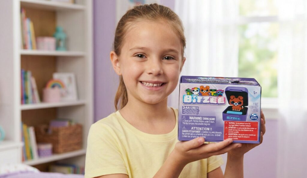 Official retail packaging for the Bitzee Digital Pet by Spin Master, showcasing the purple handheld device and various collectible virtual pet characters like puppies and bunnies.