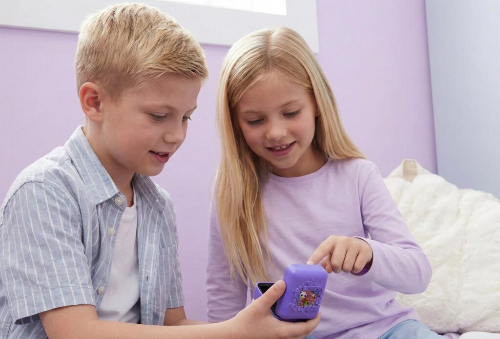 Two happy children, a boy and a girl, laughing while playing with a Bitzee interactive toy, demonstrating the "touchable" virtual pet experience in a home setting.