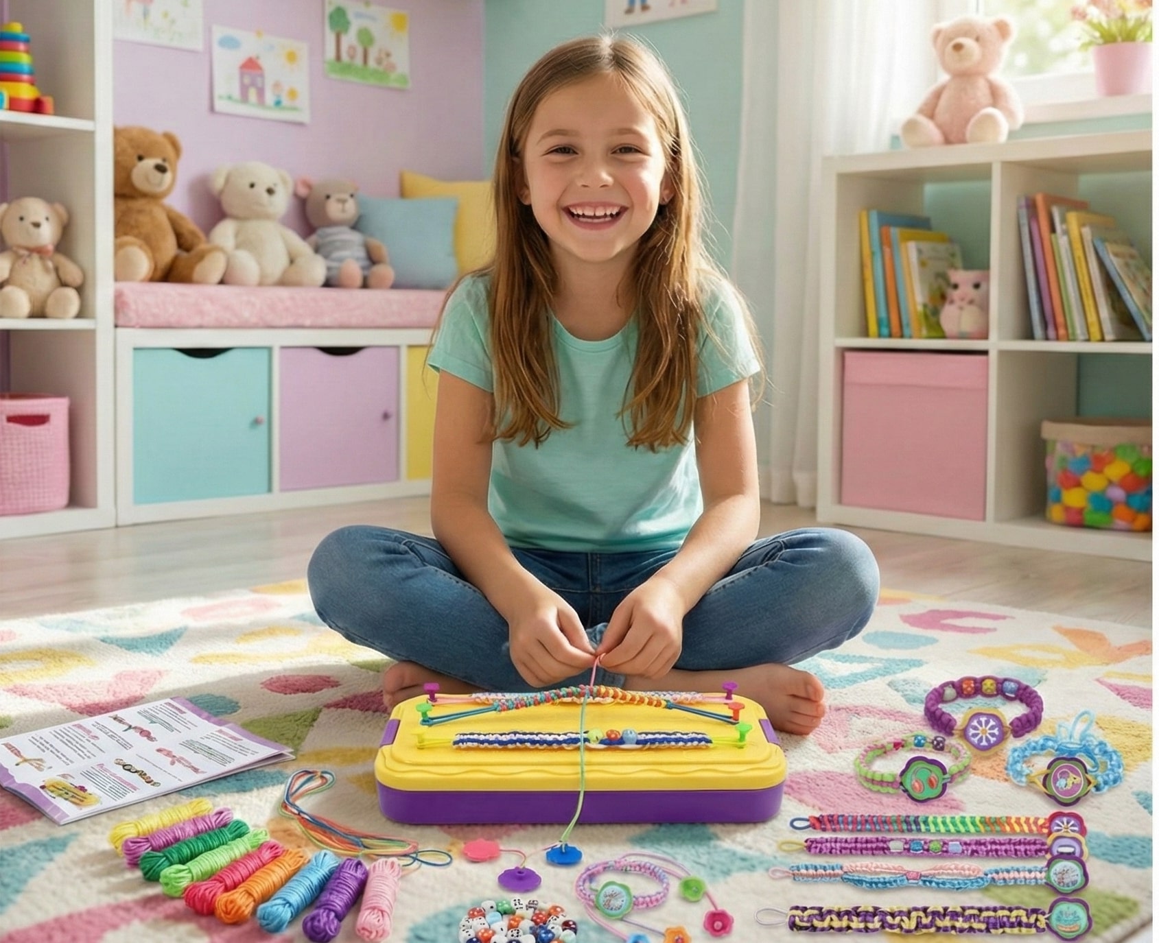 Complete Friendship Bracelet Making Kit in vibrant retail packaging, a DIY jewelry craft set for kids and teens featuring various thread colors and patterns.