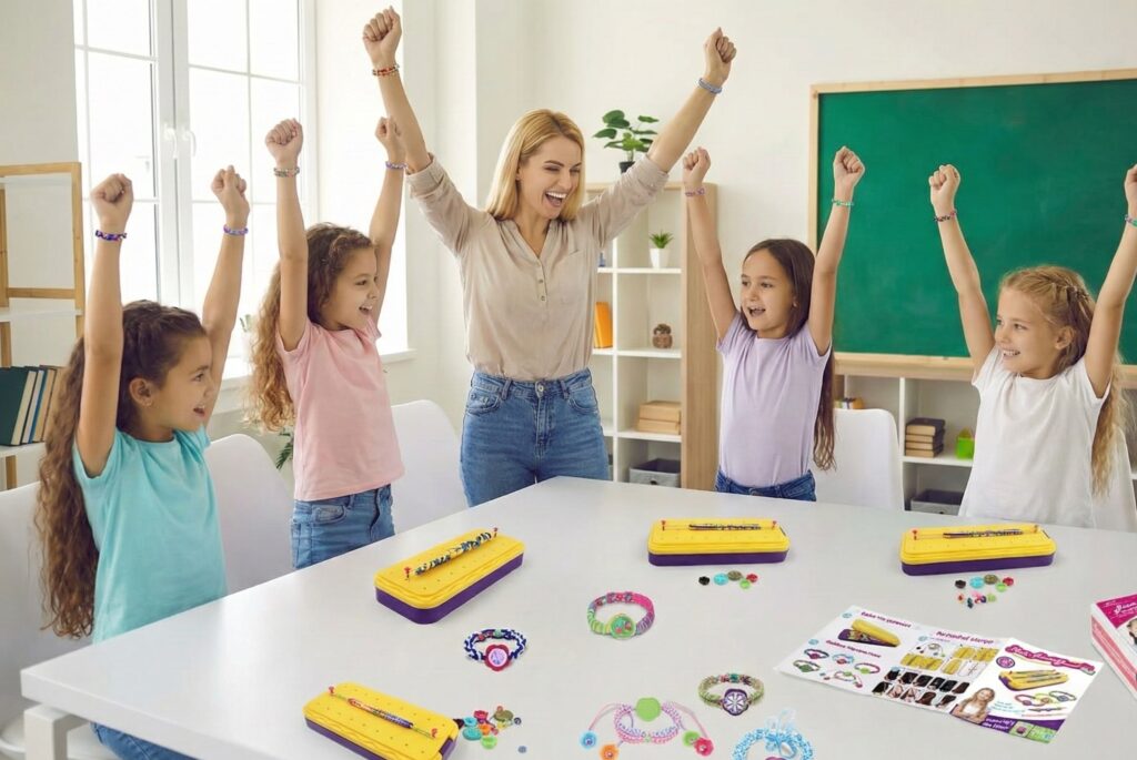 Close-up of bracelet making supplies including colorful embroidery floss, assorted beads, decorative charms, and a professional braiding loom for DIY crafts.