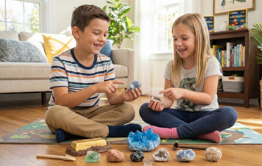 : A variety of earth science specimens like Fluorite and Pumice spread out on a table as two kids enjoy a hands-on science kit, learning about different rock types and geological formations.