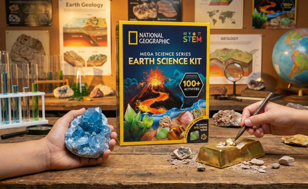 Close-up of children's hands holding a vibrant blue crystal cluster, showcasing the successful results of a crystal growing lab included in an earth science educational kit.