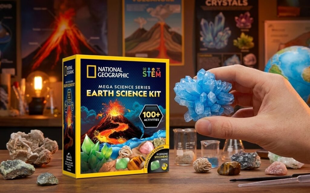 A young boy and girl using specialized tools to excavate a gold-colored dig brick, uncovering hidden treasures as part of a geology science experiment set for kids.