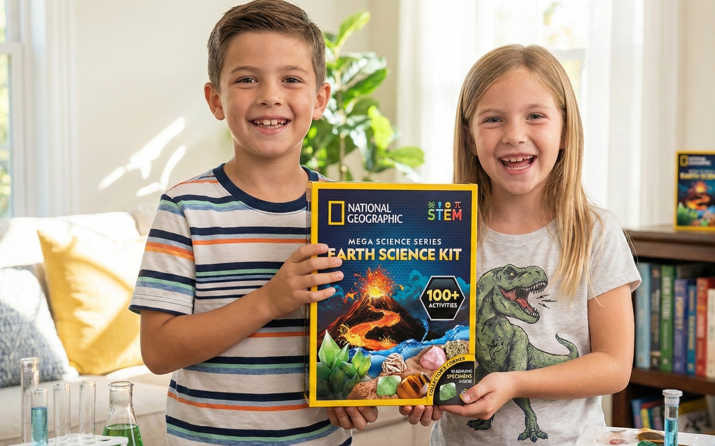 Two American children excitedly exploring colorful gemstones and natural crystals from a National Geographic Earth Science Kit, engaging in a hands-on STEM learning activity at home.