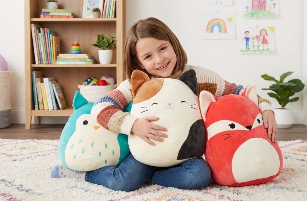 Smiling girl holding three specific soft Squishmallows plush toys closely: a blue owl, a calico cat, and a red fox, demonstrating their cuddly size and texture.