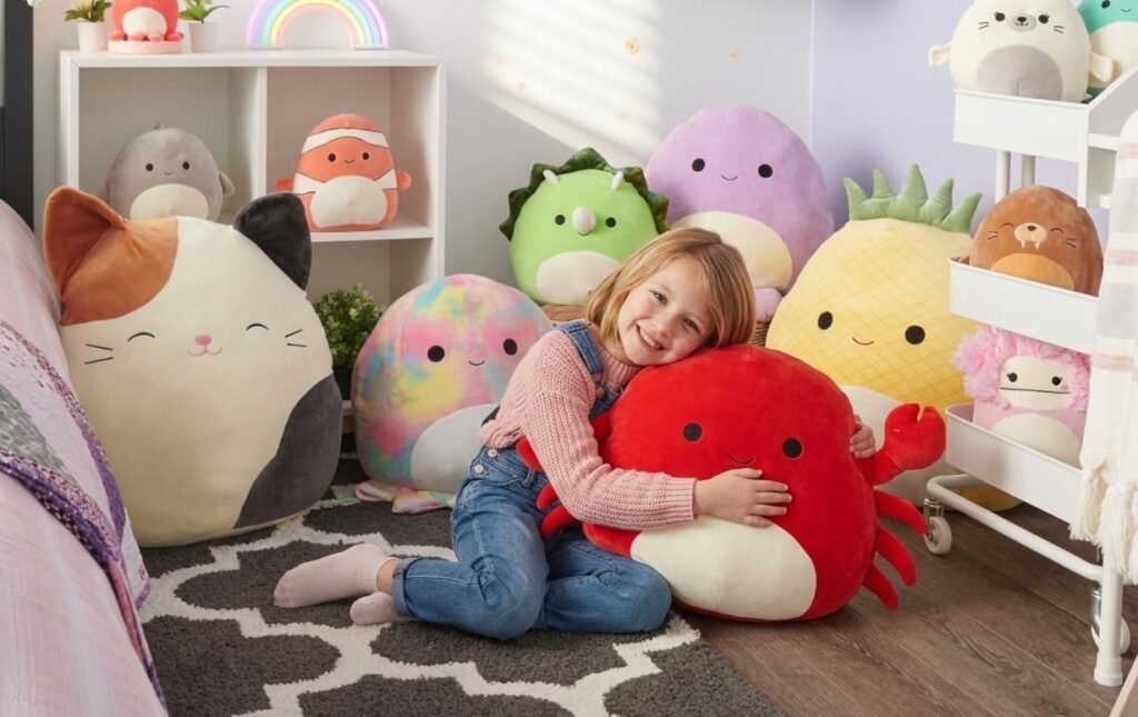 Young woman showcasing a variety of colorful Squishmallows plush toys, holding a jumbo strawberry pillow, arranged on pink steps as part of a product review display.