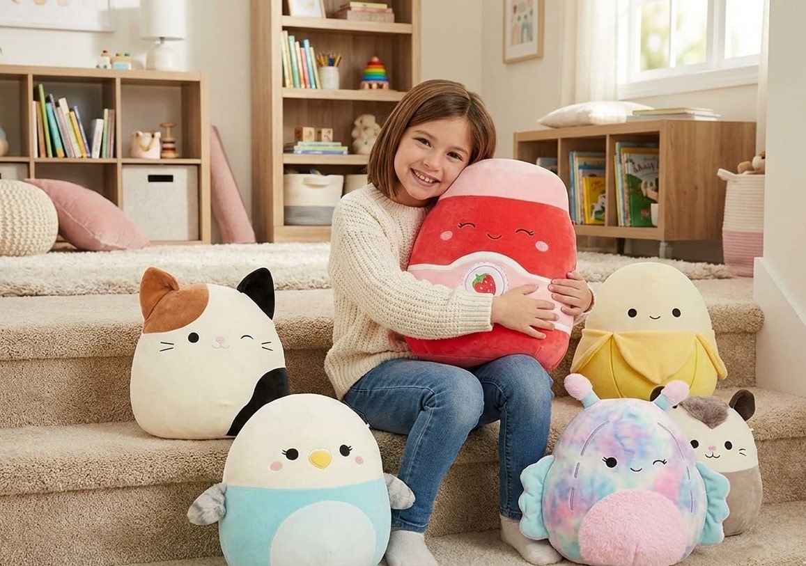 Happy little girl sitting on stairs, hugging a large strawberry Squishmallows plush, surrounded by a collection of other assorted Squishmallows characters like a banana and cat for a toy review.